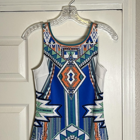 Peach Puff Dress Womens Small Blue Green Aztec Sleeveless Bodycon Geometric Mini - Picture 4 of 14